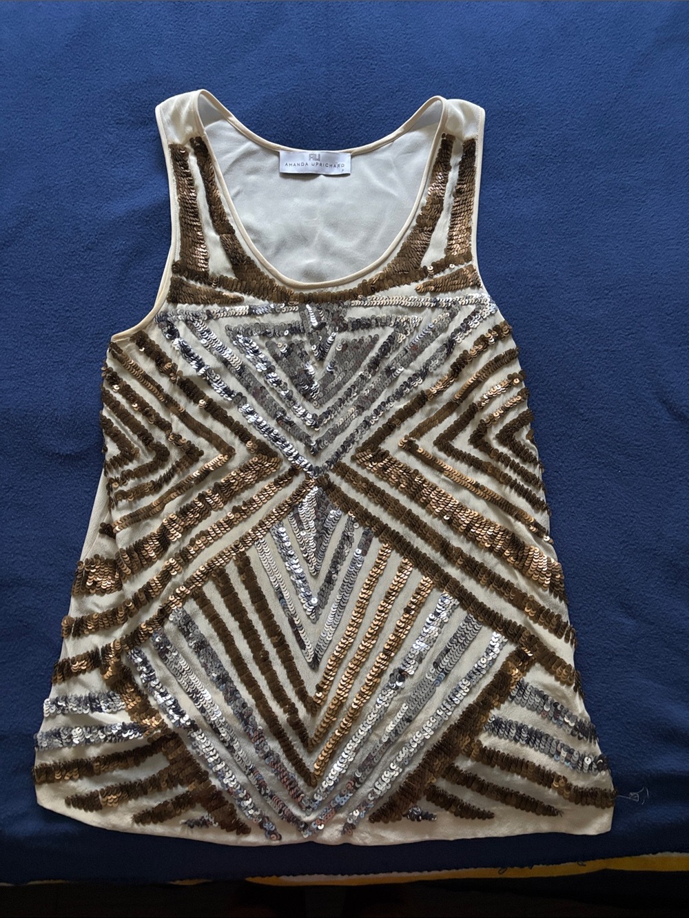 Amanda Uprichard Sequin Geometric Tank Top in Ivory and Gold